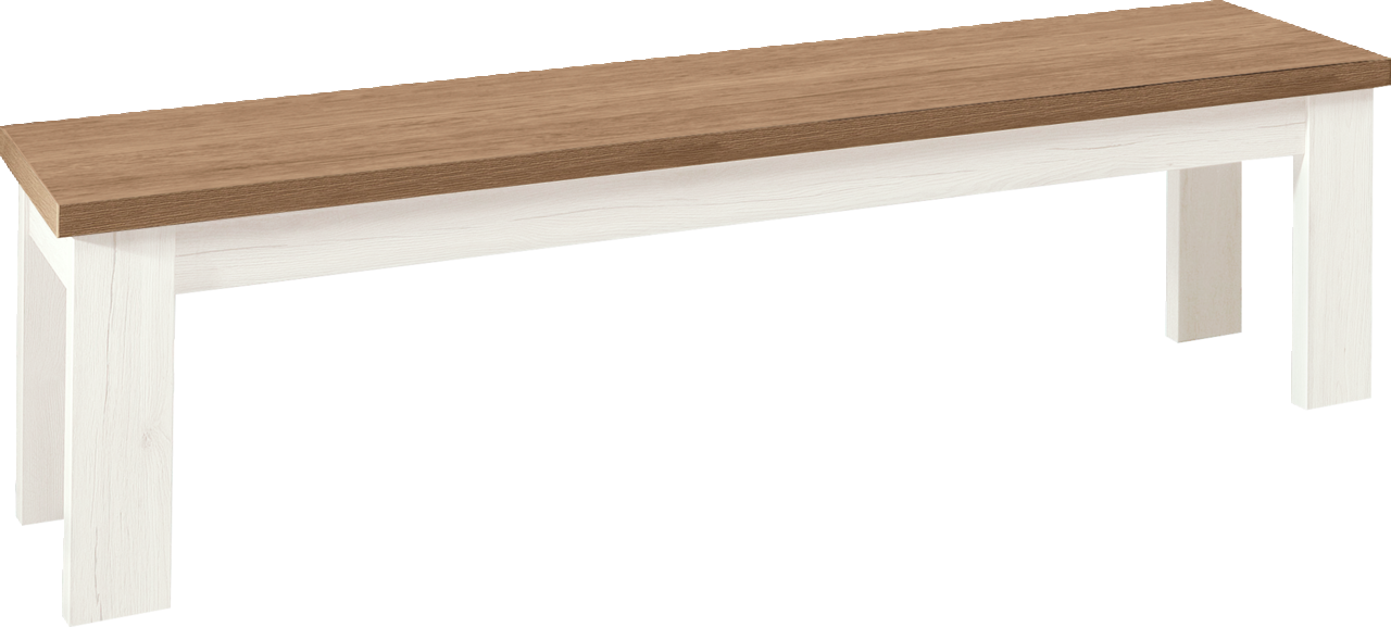 Set one by Musterring Bank SET ONE YORK Holzbank mit brauner Sitzfläche und weißen Beinen, seitliche Perspektive
