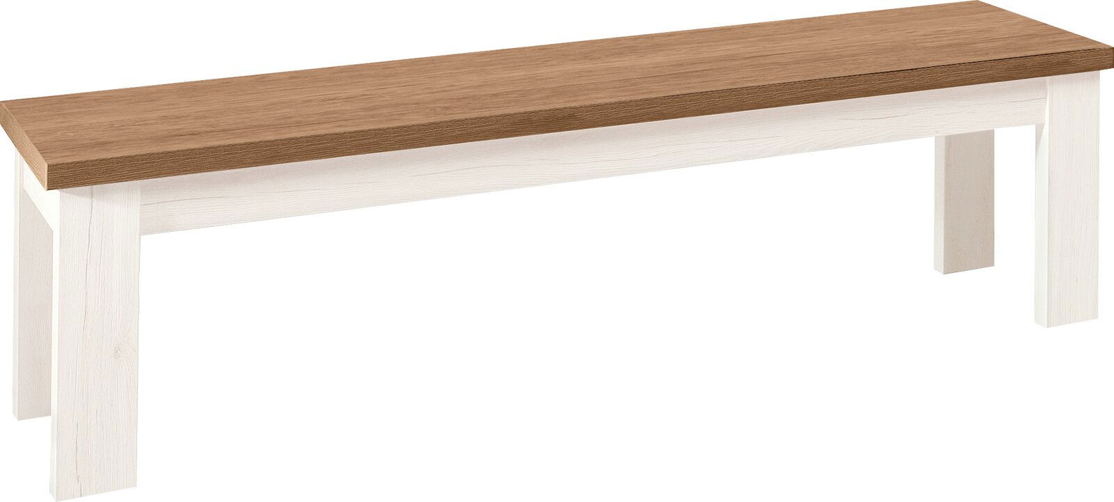 Holzbank mit brauner Sitzfläche und weißen Beinen, seitliche Perspektive