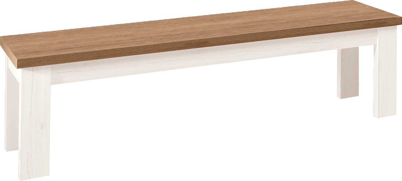 Holzbank mit brauner Sitzfläche und weißen Beinen, seitliche Perspektive