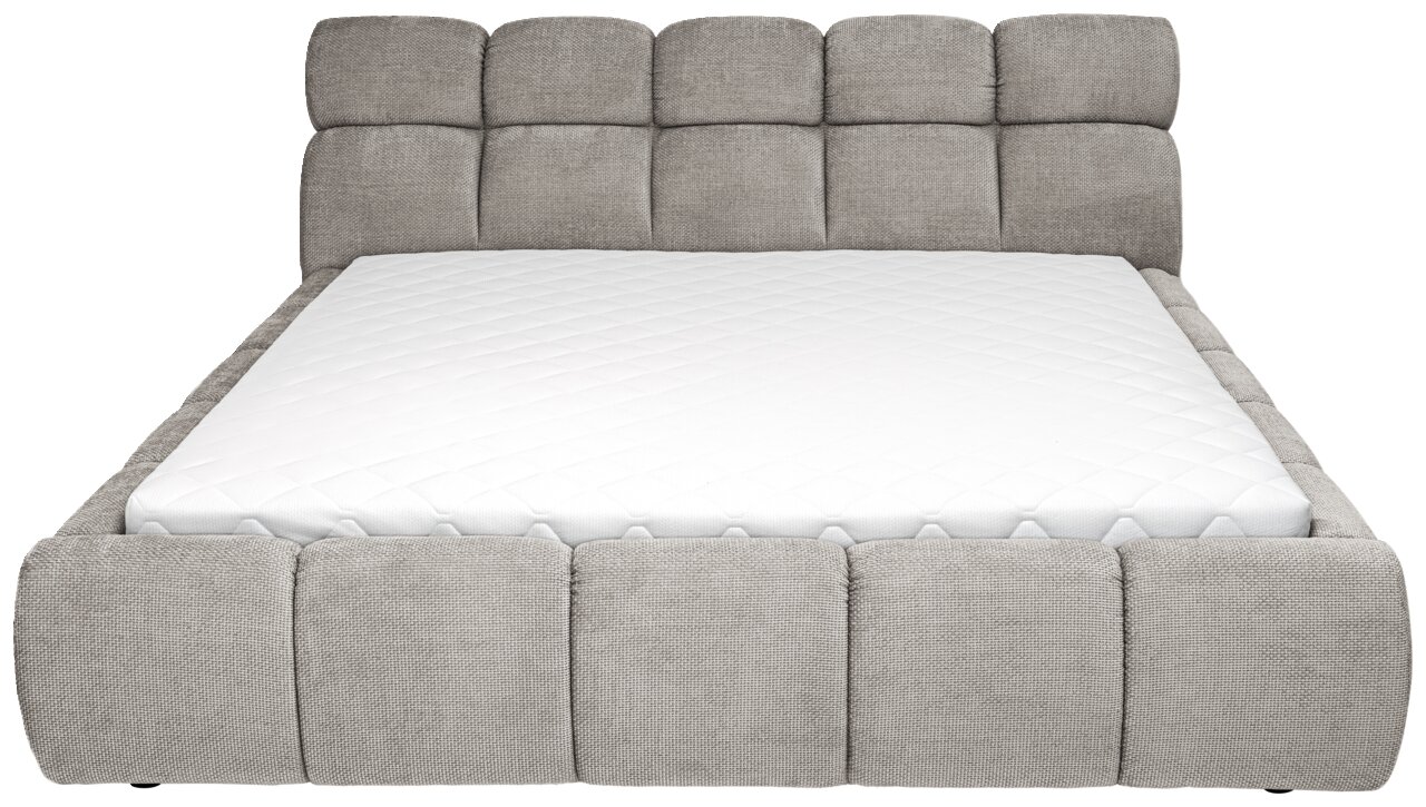 Frontale Ansicht eines grauen Polsterbetts mit gestepptem Kopfteil und weißer Matratze.