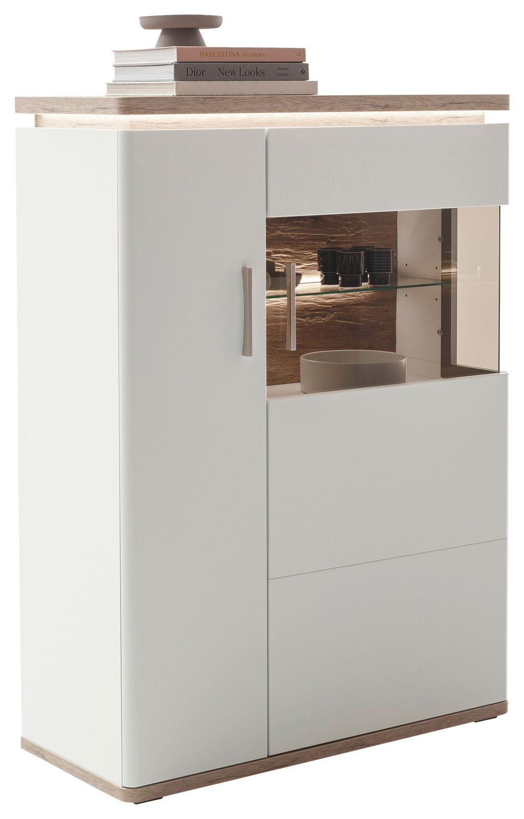 Modernes Highboard in Weiß mit Holzdetails, seitliche Perspektive