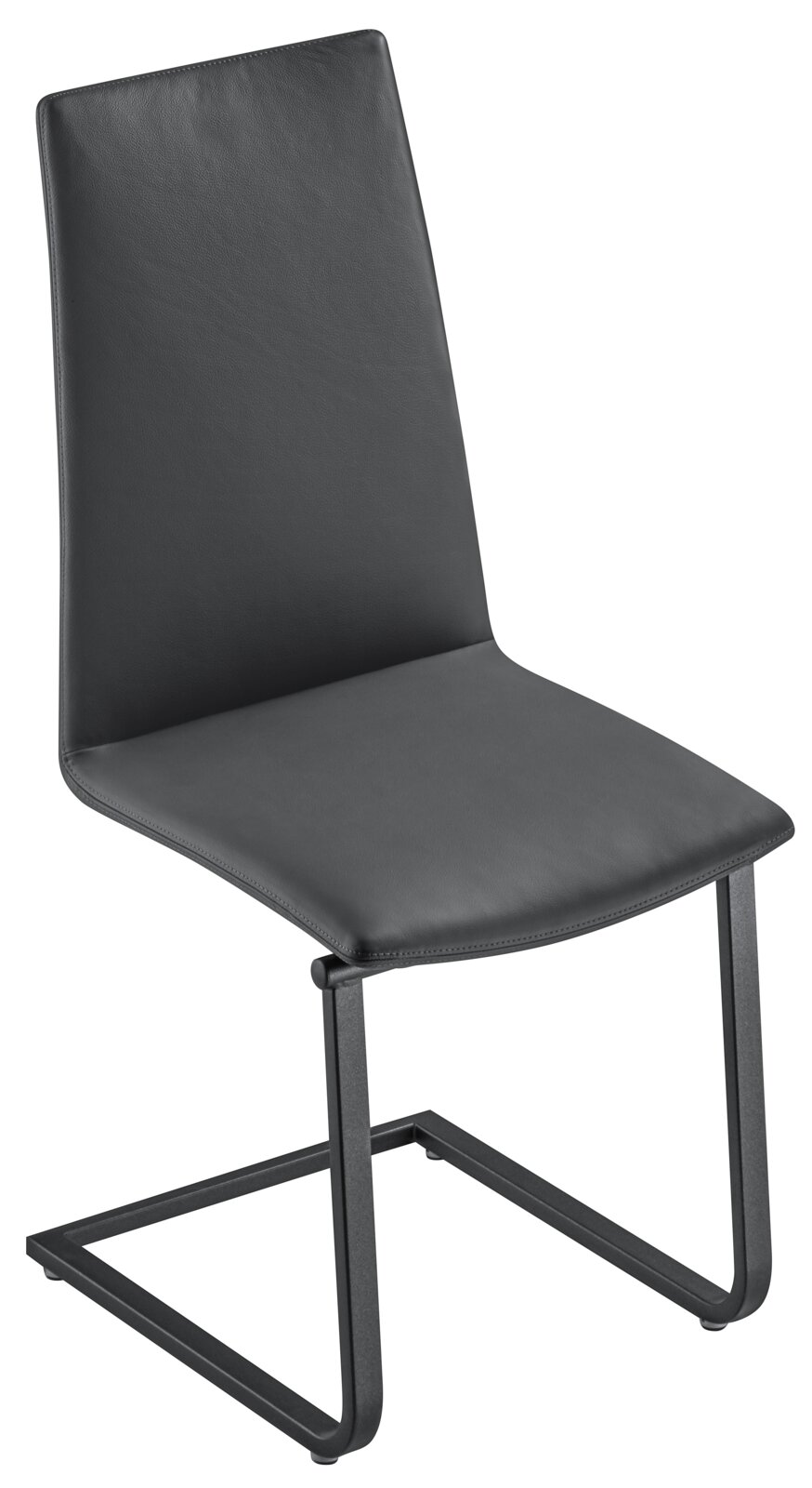 Moderner schwarzer Stuhl mit Lederbezug und Metallgestell, seitliche Perspektive
