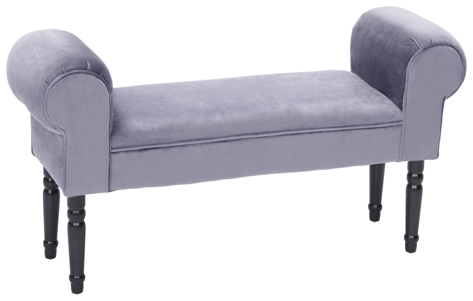 Graue Sitzbank mit gepolsterten Armlehnen und schwarzen Beinen, seitliche Perspektive