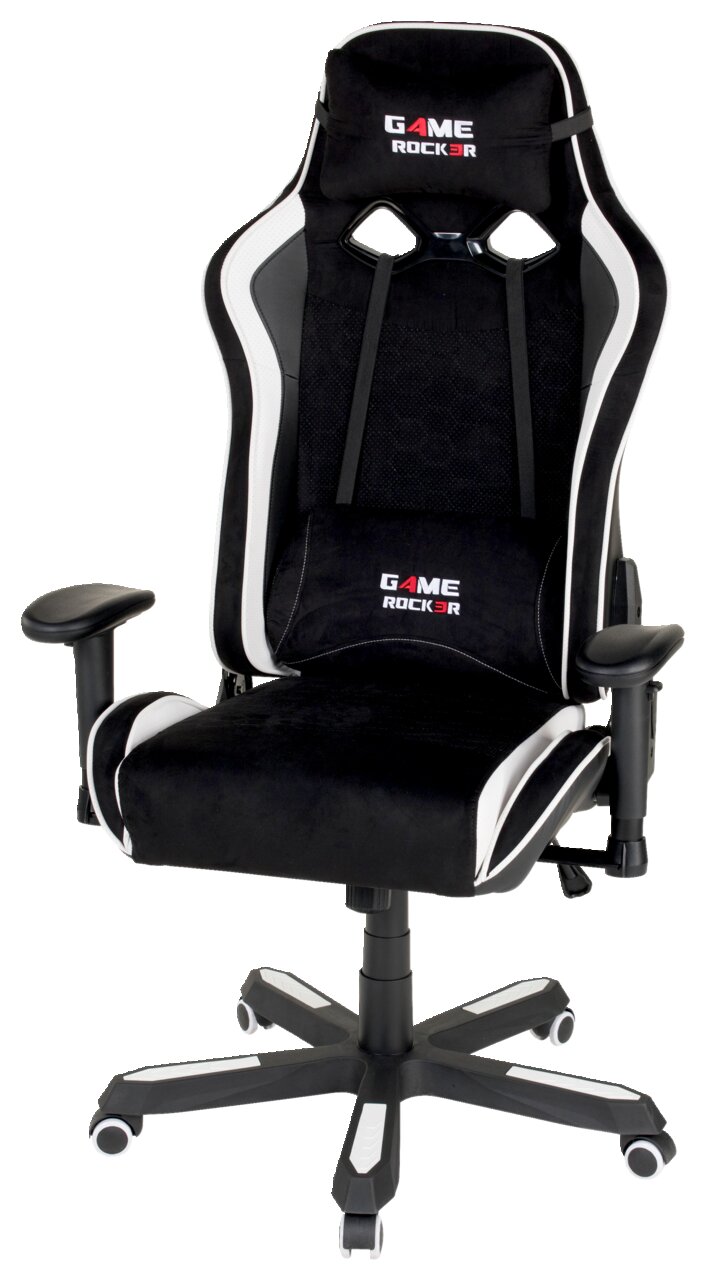Gaming Stuhl in Schwarz und Weiß mit ergonomischem Design, von vorne betrachtet.