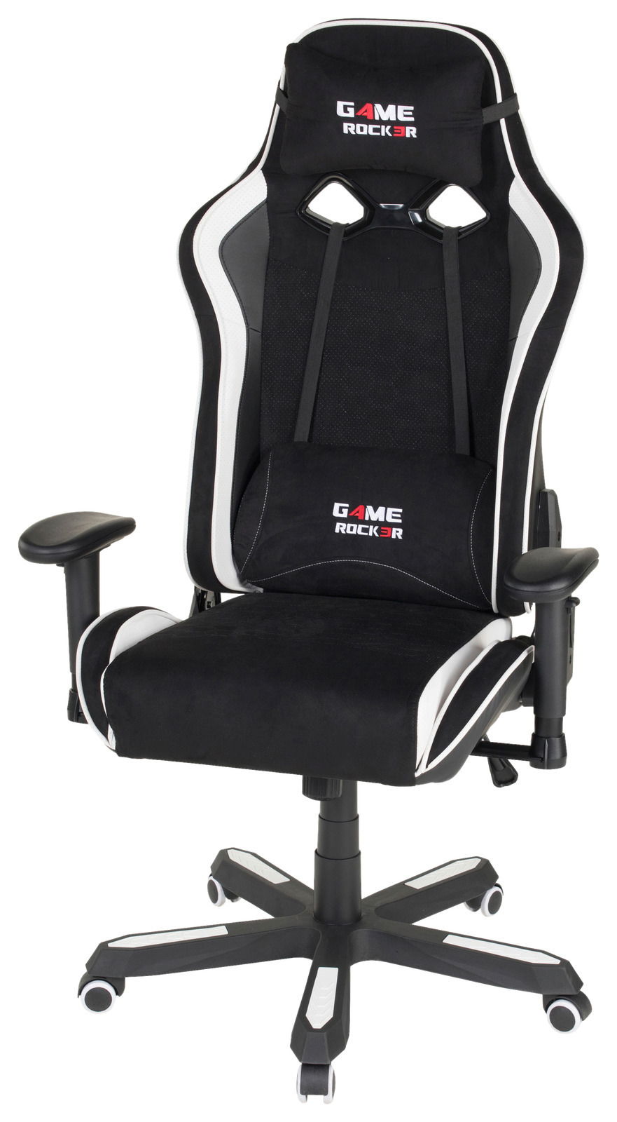 Gaming Stuhl in Schwarz und Weiß mit ergonomischem Design, von vorne betrachtet.