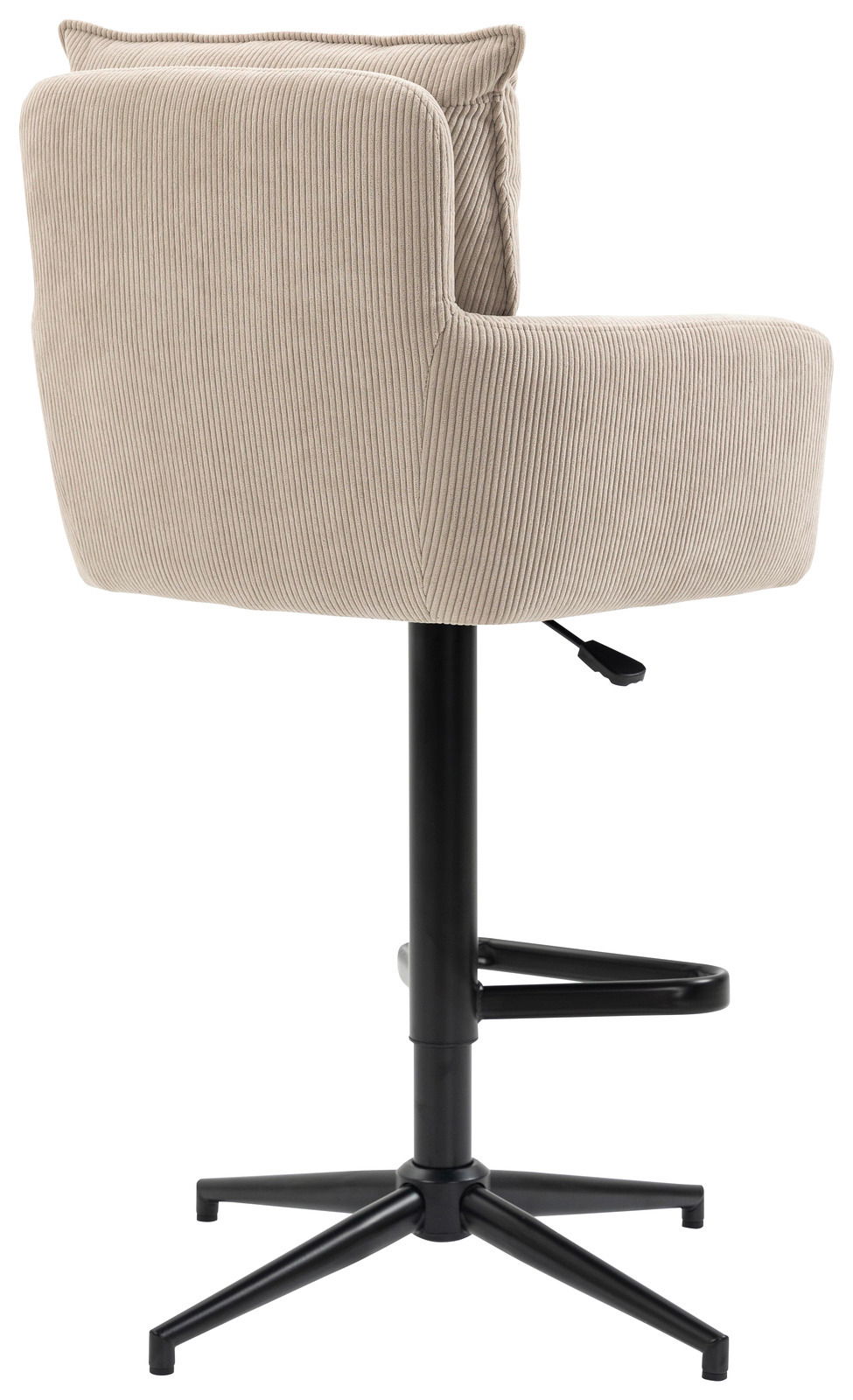 Barhocker mit beige gestreiftem Stoffbezug, schwarzem Metallfuß und seitlicher Ansicht