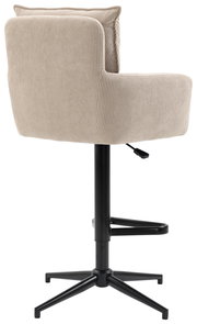 Barhocker mit beige gestreiftem Stoffbezug, schwarzem Metallfuß und seitlicher Ansicht