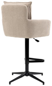 Barhocker mit beige gestreiftem Stoffbezug, schwarzem Metallfuß und seitlicher Ansicht