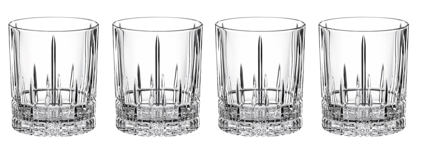 Vier kristallklare D.O.F. Gläser in einer geraden Frontansicht, perfekt für stilvolle Getränkepräsentationen.