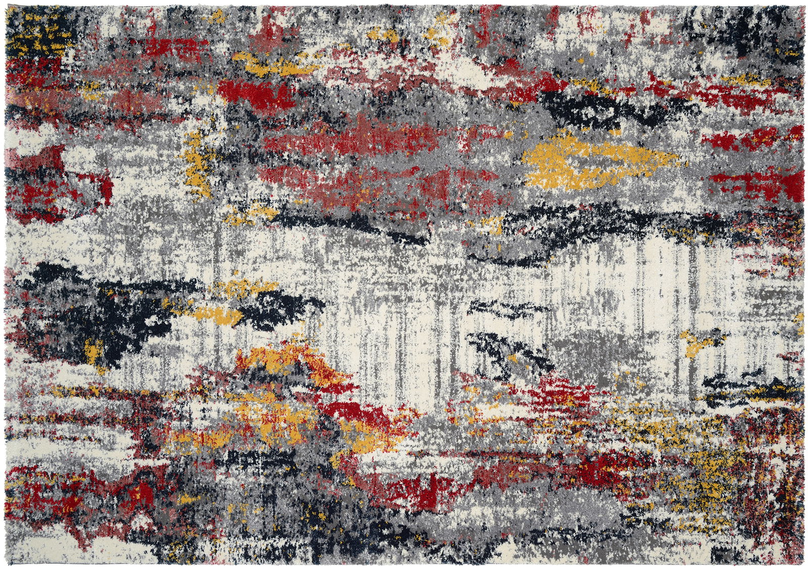 Moderner Designer-Teppich mit abstraktem Muster in Rot, Grau, Gelb und Schwarz, aus der Vogelperspektive fotografiert.