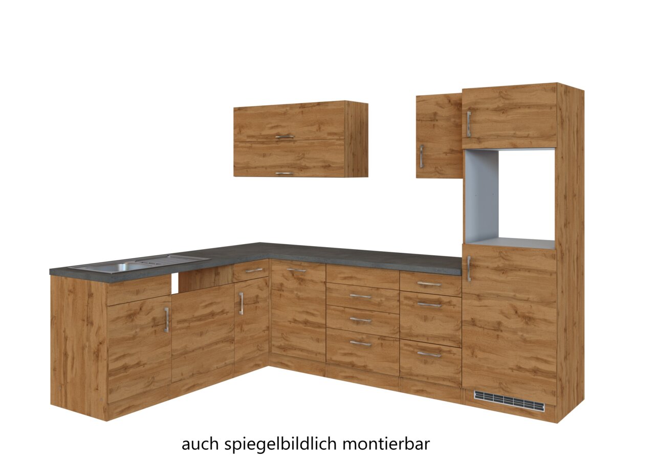 Eck-Küchenzeile in Holzoptik mit mehreren Schränken und Schubladen, inklusive Spüle, aus der Perspektive von vorne links betrachtet.