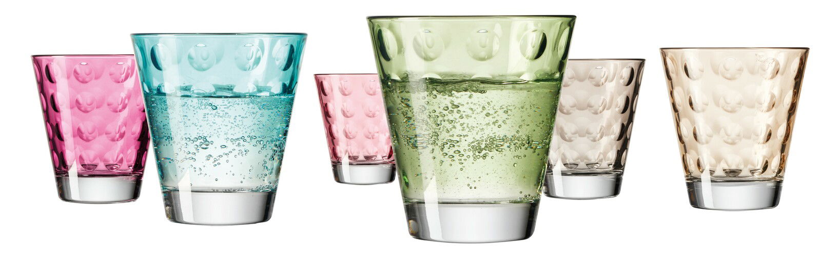 Sechsteiliges Becherset in verschiedenen Farben mit optischem Design, seitliche Perspektive