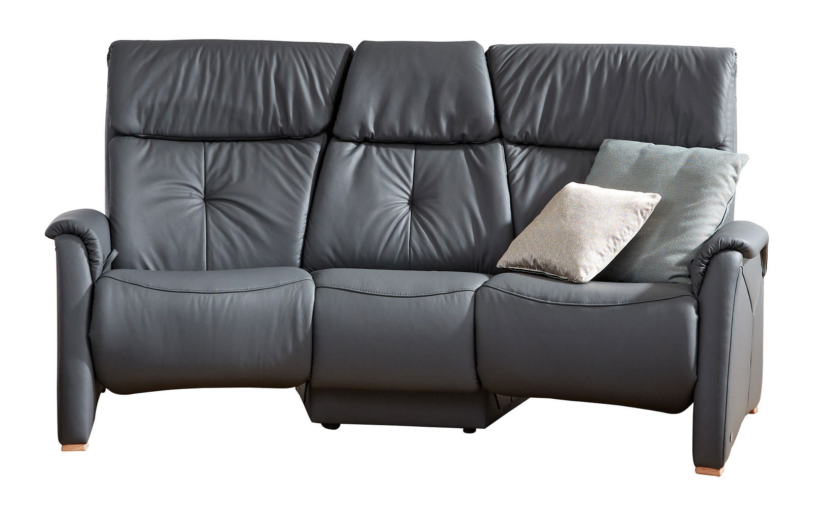 Dreier-Sofa aus dunkelgrauem Leder mit zwei Kissen, Frontalansicht