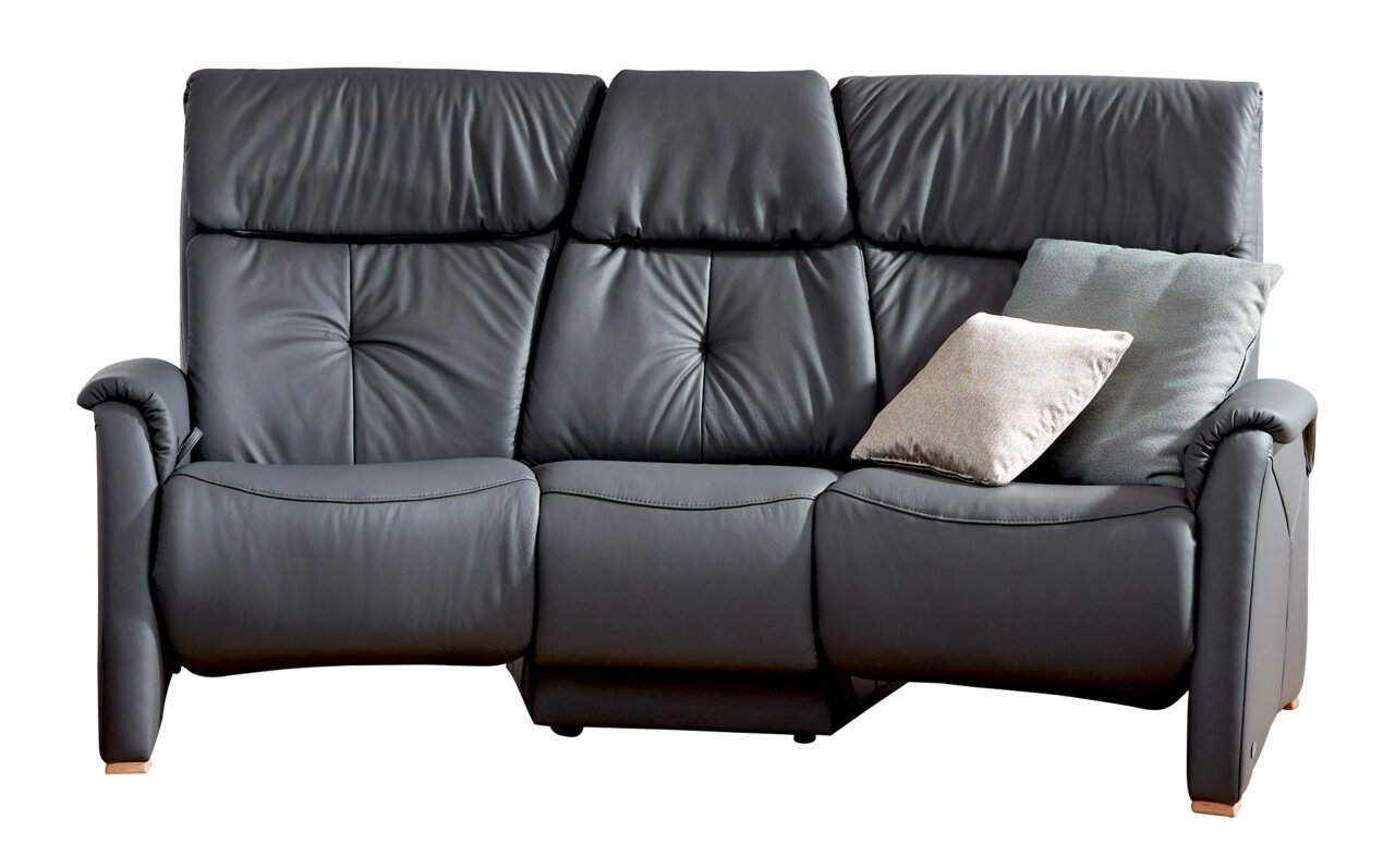 Dreier-Sofa aus dunkelgrauem Leder mit zwei Kissen, Frontalansicht