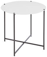 Runder Gartentisch mit weißer Tischplatte und schwarzem Metallgestell, seitliche Perspektive