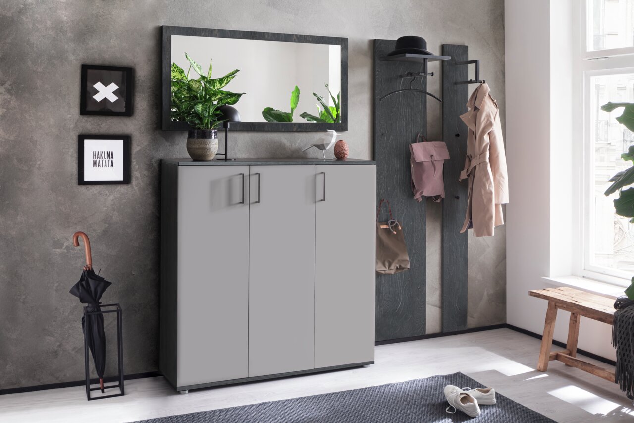 Moderne Garderobe mit grauem Schrank, Spiegel, Hakenleiste und Dekorationen in einem hellen Raum, seitliche Perspektive.