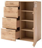 Hochwertiges Highboard aus Holz mit drei offenen Schubladen und einem offenen Regalbereich, seitliche Perspektive