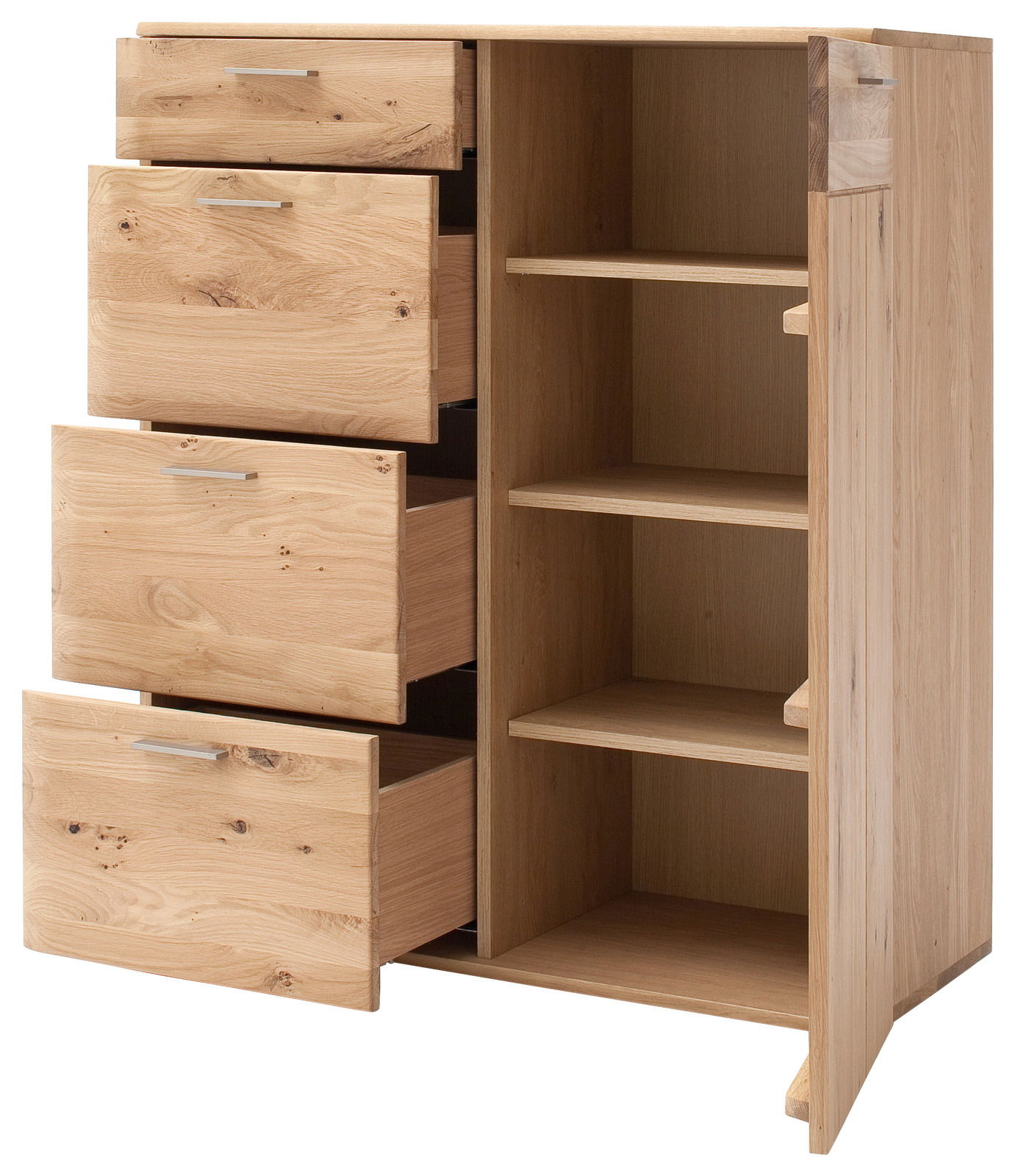Hochwertiges Highboard aus Holz mit drei offenen Schubladen und einem offenen Regalbereich, seitliche Perspektive