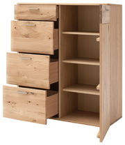 Hochwertiges Highboard aus Holz mit drei offenen Schubladen und einem offenen Regalbereich, seitliche Perspektive