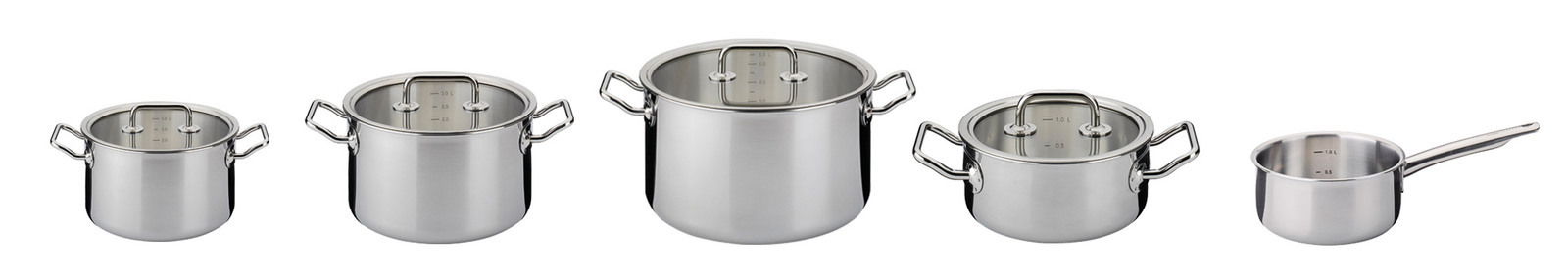 Fünfteiliges Topfset Brigade Basic aus Edelstahl, bestehend aus vier Töpfen mit Deckeln und einem Stieltopf, in frontaler Ansicht.