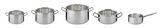 Fünfteiliges Topfset Brigade Basic aus Edelstahl, bestehend aus vier Töpfen mit Deckeln und einem Stieltopf, in frontaler Ansicht.