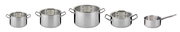 Fünfteiliges Topfset Brigade Basic aus Edelstahl, bestehend aus vier Töpfen mit Deckeln und einem Stieltopf, in frontaler Ansicht.