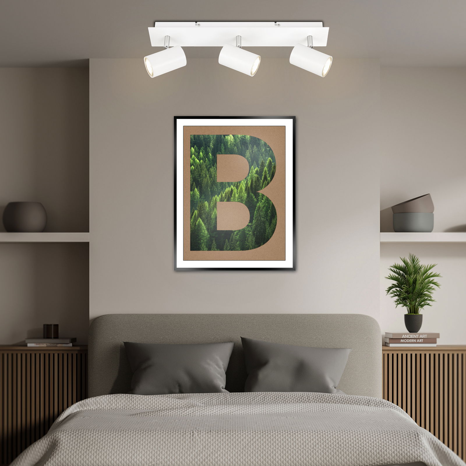 LED-Spot 3-flammig in moderner Schlafzimmerumgebung, Deckenansicht