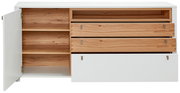 Frontale Ansicht eines Sideboards mit offenen Schubladen und Türen, weiße und holzfarbene Elemente.