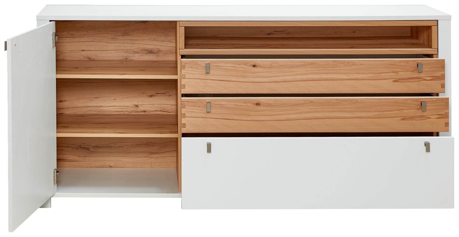 Vooraanzicht van een dressoir met open lades en deuren, witte en houtkleurige elementen.