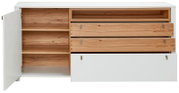 Vooraanzicht van een dressoir met open lades en deuren, witte en houtkleurige elementen.