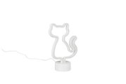 Weiße LED-Neonleuchte in Katzen-Silhouette mit rundem Standfuß und Kabel, frontal aus der Vorderansicht auf weißem Hintergrund