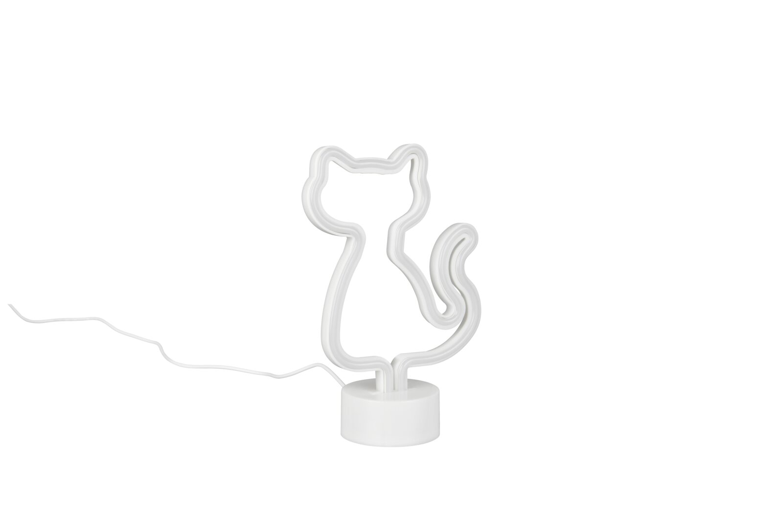 Weiße LED-Neonleuchte in Katzen-Silhouette mit rundem Standfuß und Kabel, frontal aus der Vorderansicht auf weißem Hintergrund