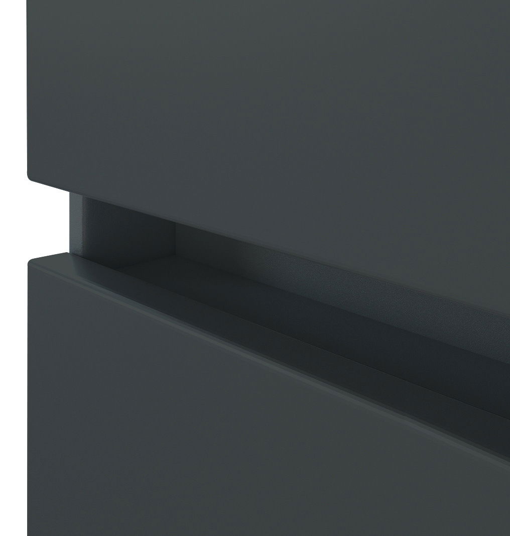 Nahaufnahme eines dunkelgrauen Waschtisch-Sets mit modernem Design und glatten Oberflächen.