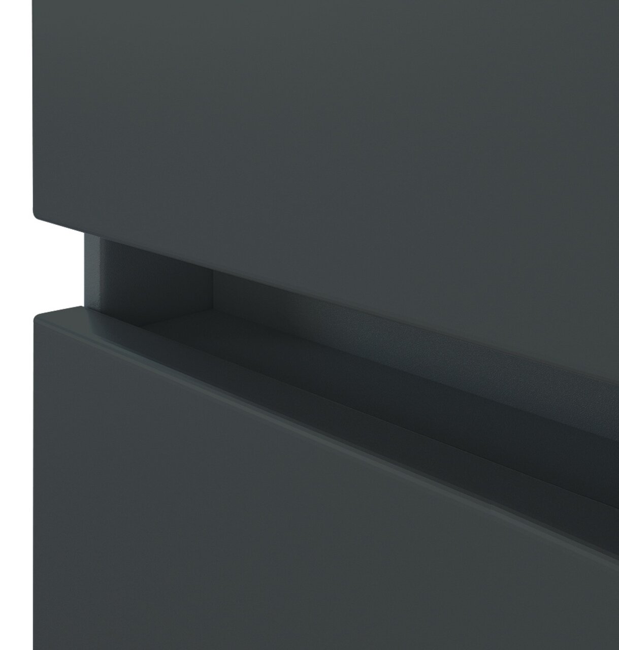 Nahaufnahme eines dunkelgrauen Waschtisch-Sets mit modernem Design und glatten Oberflächen.