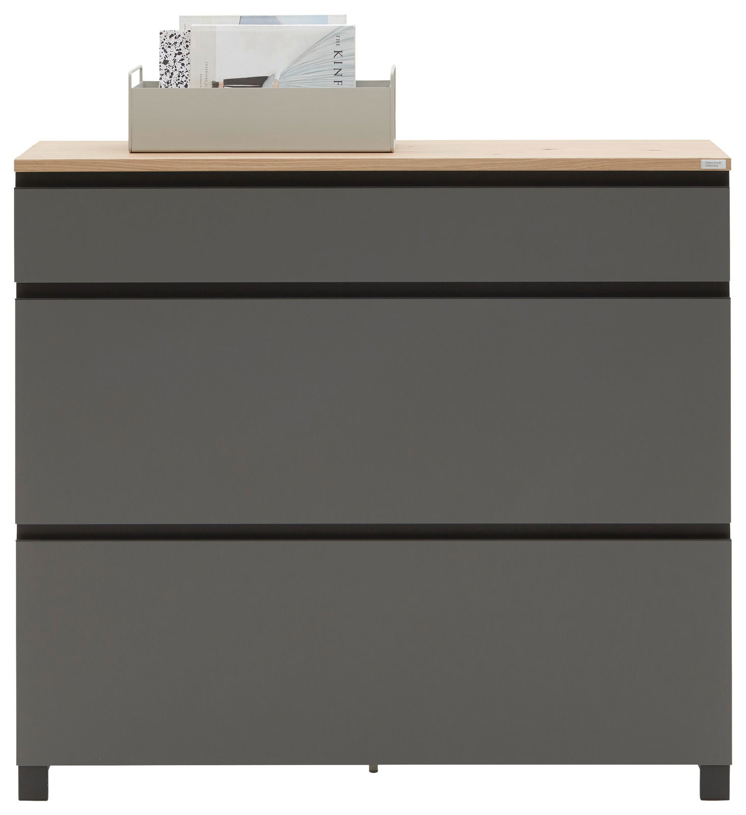 Dieter Knoll Schuhschrank SORRENT Moderner Schuhschrank in grauer Farbe mit drei Schubladen, Holzoberfläche und dekorativer Ablage, frontale Ansicht.