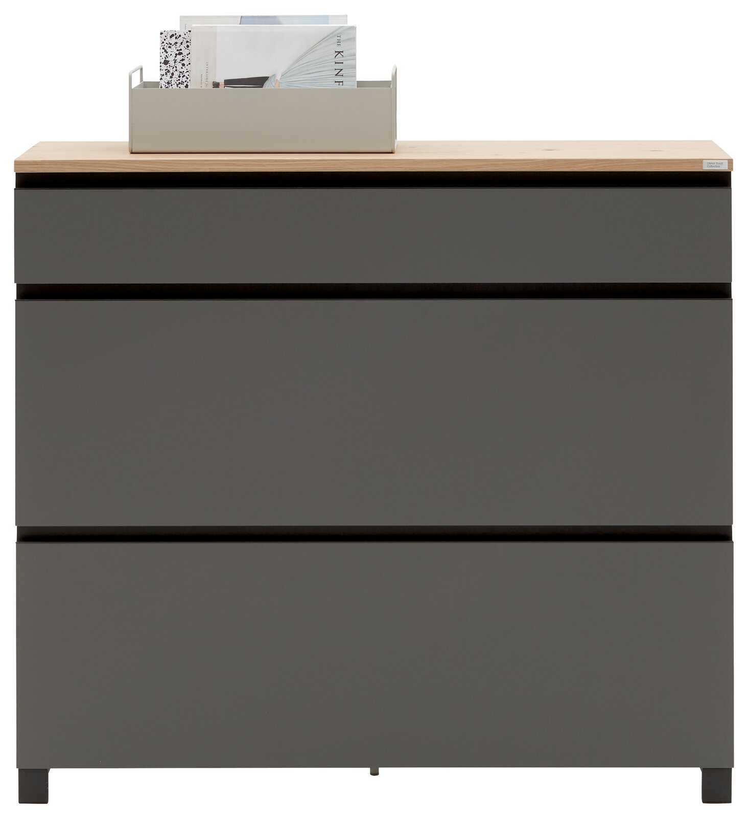 Dieter Knoll Schuhschrank SORRENT Moderner Schuhschrank in grauer Farbe mit drei Schubladen, Holzoberfläche und dekorativer Ablage, frontale Ansicht.