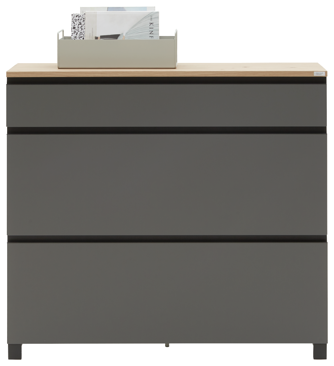 Dieter Knoll Schuhschrank SORRENT Moderner Schuhschrank in grauer Farbe mit drei Schubladen, Holzoberfläche und dekorativer Ablage, frontale Ansicht.