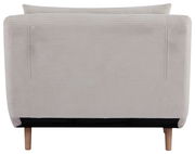 Rückansicht eines beigen Funktionssessels mit Holzbeinen