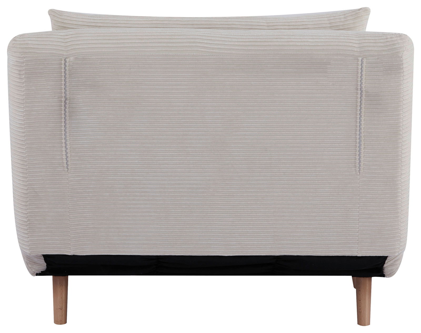 Rückansicht eines beigen Funktionssessels mit Holzbeinen