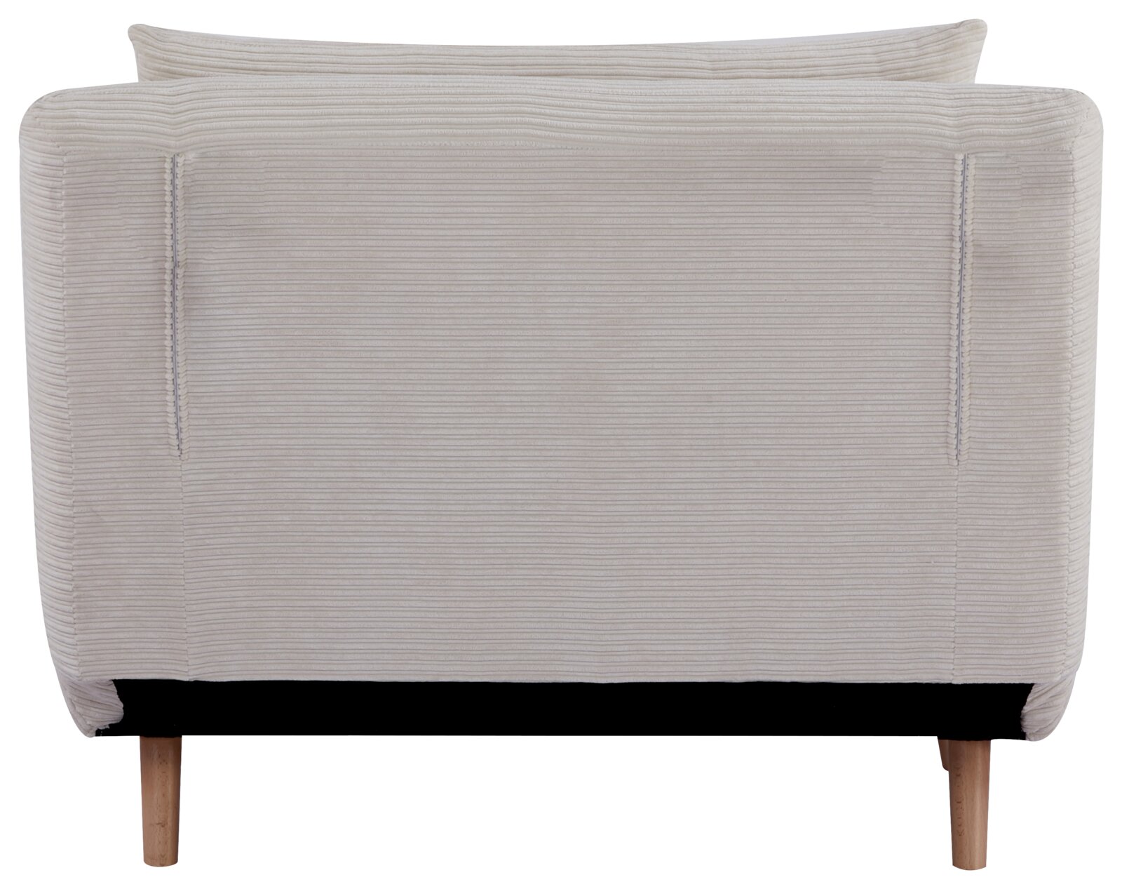 Rückansicht eines beigen Funktionssessels mit Holzbeinen