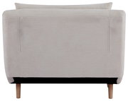 Rückansicht eines beigen Funktionssessels mit Holzbeinen