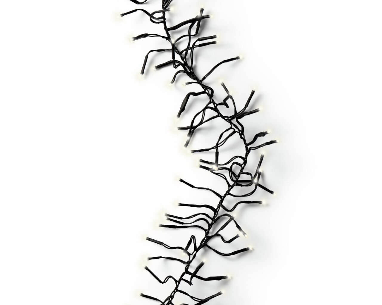 Lumineo LED-Clusterbeleuchtung 17m mit 2040 LED``s LED Clusterbeleuchtung aus der Vogelperspektive mit warmweißen Lichtern auf schwarzem Kabel.