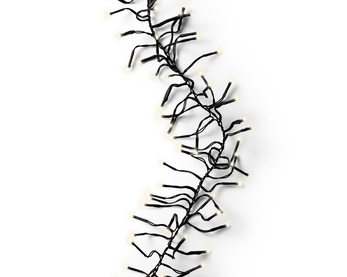 Lumineo LED-Clusterbeleuchtung 17m mit 2040 LED``s LED Clusterbeleuchtung aus der Vogelperspektive mit warmweißen Lichtern auf schwarzem Kabel.