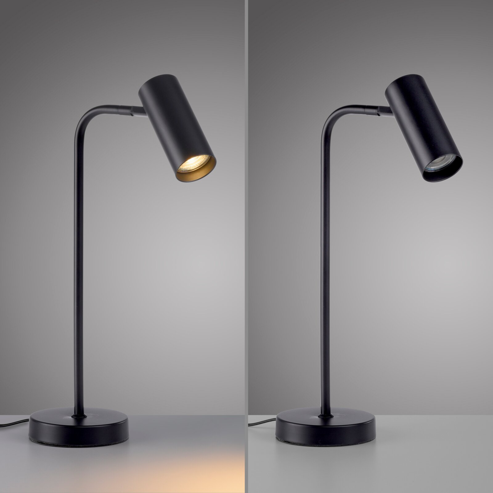 Schwarze, minimalistische Tischlampe aus Metall mit zylindrischem, nach unten geneigtem Spotkopf auf rundem Sockel, seitliche Studioansicht; links eingeschaltet mit warmweißem Lichtkegel, rechts ausgeschaltet vor grauem Hintergrund.