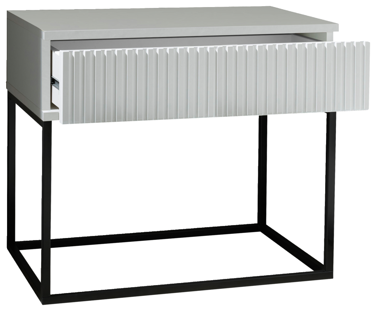 Moderne Nachtkommode mit geriffelter Schubladenfront und schwarzem Metallgestell, Perspektive von vorne.