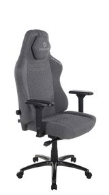 Grauer Gaming-Stuhl mit ergonomischem Design, verstellbaren Armlehnen und stabiler Basis, seitliche Perspektive