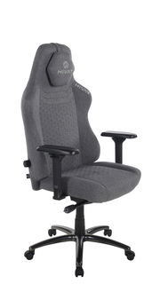 Grauer Gaming-Stuhl mit ergonomischem Design, verstellbaren Armlehnen und stabiler Basis, seitliche Perspektive