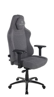 Grauer Gaming-Stuhl mit ergonomischem Design, verstellbaren Armlehnen und stabiler Basis, seitliche Perspektive