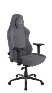 Grauer Gaming-Stuhl mit ergonomischem Design, verstellbaren Armlehnen und stabiler Basis, seitliche Perspektive