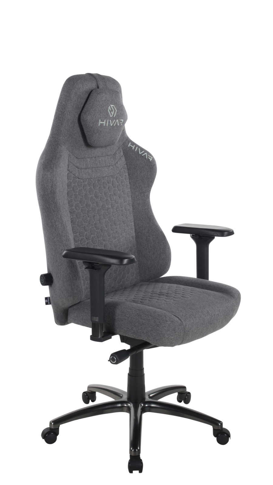 Grauer Gaming-Stuhl mit ergonomischem Design, verstellbaren Armlehnen und stabiler Basis, seitliche Perspektive